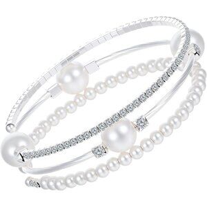 Three-Layer Pearl and Rhinestone Bracelet - Exquisite Silver Stackable Elegance